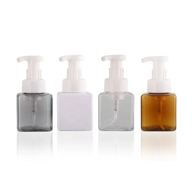 Custom PET Plastic 250ml 8oz clear white amber Square Shape Foam Pump Soap Cleansing Bottles with white foam pump top