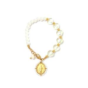 Pearl <b>Bracelet</b> With <b>Gold</b> Plated Charm And Religious Medal For Women - Product Image 1