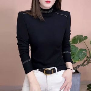 Rhinestone Velvet High Neck Long Sleeve Top For Women Slim Fit Casual Soft Inner Layer Autumn Winter Style - Product Image 4