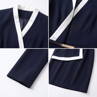 Robe de carrière pour femme, bleu marine et blanc contrasté, col châle, manches trois quarts, ceinturée, longueur genou, pour bureau, gestionnaire d'hôtel, sur mesure