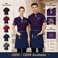 Uniforme de serveur à col mandarin chinois à manches courtes avec tablier assorti, tenue de service élégante pour restaurant chinois haut de gamme