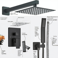 Mitigeur de douche mural encastré carré noir poli et chromé, thermostatique, pluie, eau chaude et froide, pour salle de bain