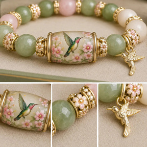 Bracciale Regalo 2026 con Perline e Ciondoli a Forma di Uccello Colibrì Dorato, Quarzo Rosa 10mm, Calcedonio <span class=keywords><strong>Bianco</strong></span>, Avventurina Verde - Product Image 4