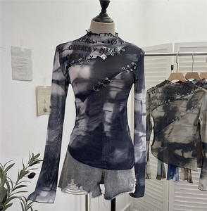 Women's Retro Casual Bottom Long Sleeve T-Shirt Sexy Hollow Out Tie Dye Print Irregular Mesh Hot Girl <strong>Y2K</strong> <strong>Top</strong> - Product Image 4