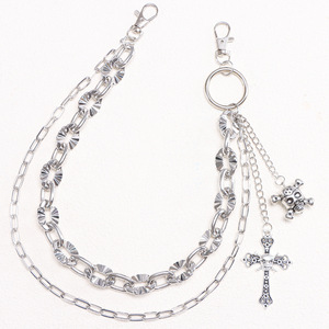 Double Layered <b>Sunflower</b> Chain With Skull And Cross Hip Hop Pants Chain For Daily Wear Tibetan Silver Waist Chain - Product Image 4