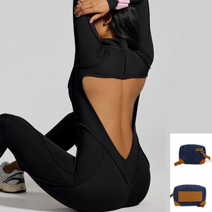Custom Hollow Out Back Sexy Slim Brown Women's Yoga One Piece Jumpsuits &amp; Bodysuits with Bra <strong>Pad</strong> and Front Zipper No Scrunch <strong>Bum</strong> - Product Image 6