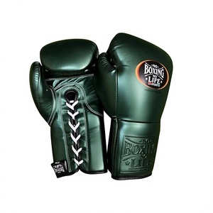 Gants de boxe en cuir véritable vert métallisé « No Boxing No Life », à lacets, pour l'entraînement et le sparring, personnalisables pour gagner. - Product Image 1