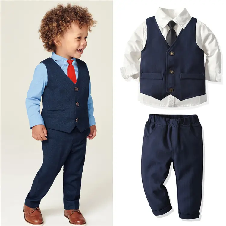 LY40 3pcs Kid Baby Boy Clothes Set Gentleman Boy Formal Suit Vest Tops Shirt Long Pants Clothing Sets Blazers Outfits