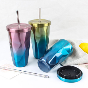 Brillo 3D de <span class=keywords><strong>diamante</strong></span> de acero inoxidable cepillado taza de <span class=keywords><strong>vino</strong></span> de doble pared vaso con tapa y paja - Product Image 5