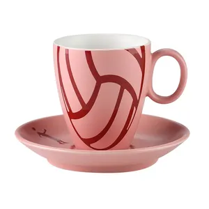 उच्च तापमान नई हड्डी चीन गुलाबी वॉलीबॉल लोगो के साथ अच्छा चाय कॉफी कप और तश्तरी