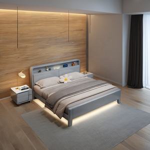 Lit simple moderne en bois avec rangement, grand lit double avec panneau en bois massif pour meubles de chambre d'hôtel et d'appartement - Product Image 3