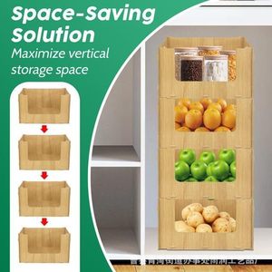<b>Bamboo</b> Wood Stackable Storage <b>Basket</b> Multi Tier With Handle For Kitchen Bathroom Organization - Product Image 3