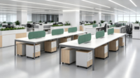 Système de bureau personnalisé pour 4, 6 ou 8 personnes avec aménagement flexible, structure en acier MFC de qualité E0 avec revêtement en poudre, mobilier de poste de travail