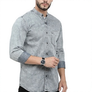 Chemise en jean pour homme, col mandarin, manches longues, couleur unie, coupe ajustée, respirante, délavée, style décontracté - Product Image 1
