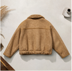 Vintage Lapel Faux Suede Short Coat, 30% Wool Composite Lining Thick Windproof Women Aviator <strong>Jacket</strong> - Product Image 3