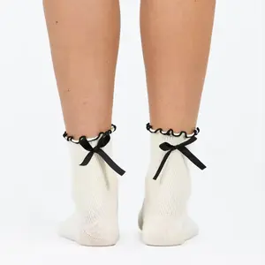 Custom Logo Bow Grip Barre Socks Non Slip Yoga Ballet Tube Crew Ruffle Frills Pilates Socks