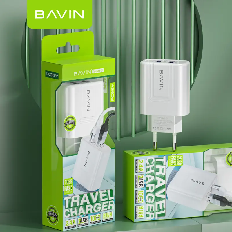 BAVIN Harga Grosir 5V 2A Kustom Inggris US EU Plug Dual USB Port Digunakan Di Rumah Ponsel Pengisian Cepat Dinding Travel Charger PC815Y