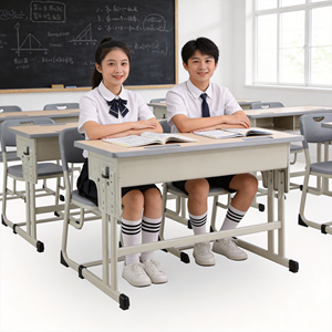 Escritorio Doble para Estudiantes con Silla, Combinación de Madera Sólida con Cajones y Ranura para Bolígrafos, Diseño Antideslizante, para Escuela y Parque, Moderno - Product Image 2