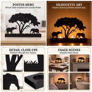 Portacandele Elefante in Ferro Nero, Supporto per Candele Tealight con Silhouette Safari Africano, Centrotavola in Metallo a Forma di Animale per Decorazione Tavolo e Caminetto - Product Image 2