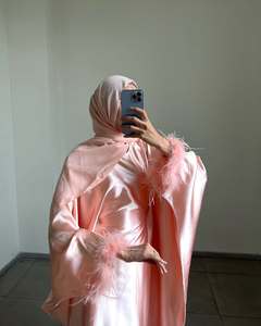 Oem مخصص منخفض موك ريشة صفعة وردي قفطان صلاة رداء للأعياد رمضان إسلامية فاخرة للنساء فستان عبايات دبي للنساء - Product Image 5