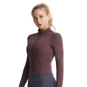 Slim Fit uzun kollu spor ceket atletik spor Yoga mahsul Tops başparmak delikleri ile spor giyim kadın ceketi