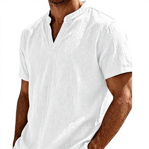 Men's Henley <b>Shirt</b> 100% French Linen Single Button 140g Breathable Stand Collar Outdoor Short Sleeve Casual Comfortable Summer - Product Image 4