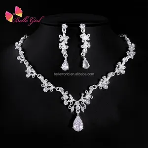 BELLEWORLD New Korea silver water drop pendant jewelry set bridal necklace earrings for wedding party
