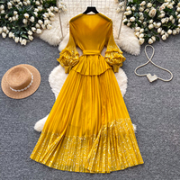 Robe longue élégante de style français pour femme, col en V, manches lanternes, taille froncée, plissée, coupe trapèze, pour le printemps