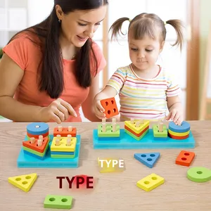Jouets Montessori en bois à succès : Boîte de blocs de construction éducatifs pour l'éveil, avec colonnes de formes géométriques à emboîter, pour les 1-3 ans - Product Image 2