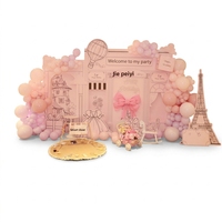 Ensemble de ballons en latex naturel avec toile de fond imprimée numériquement, motif Tour Eiffel, rose luxe moderne, pour fête d'hôtel du 1er anniversaire de bébés filles