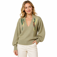 Pull décontracté pour femme à col en V, imprimé animal, en coton et laine respirants, tricoté à la machine, à manches bouffantes, printemps-automne, personnalisable OEM ODM