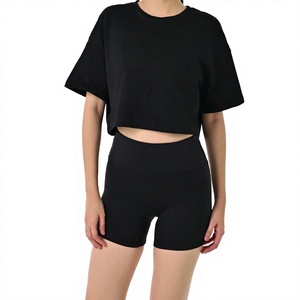 <b>Black</b> Solid Sporty Breathable Women's <b>Short</b> <b>Sleeve</b> <b>Crop</b> <b>Top</b> and High Waist <b>Shorts</b> Set Wire-Free Nylon/Spandex Blend - Product Image 1