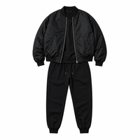 Ensemble survêtement bomber noir en nylon personnalisé avec fermeture éclair métallique et bordure côtelée, coupe oversize, trois pièces, OEM, vente en gros