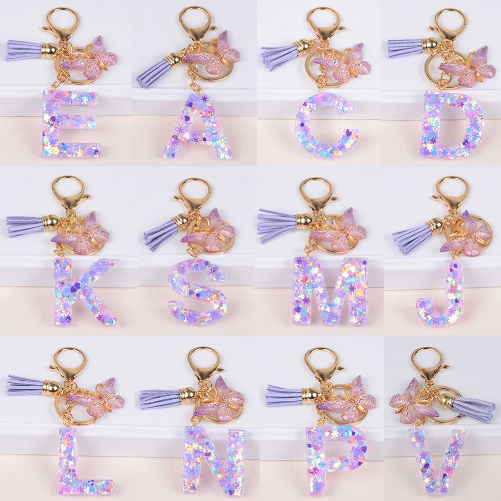 Wholesale Purple fringe butterfly and resin love Snowflake initial key chain Purse Backpack handbag alphabet key ring