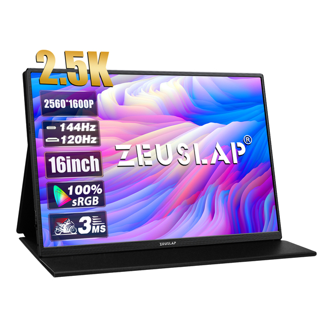 ZEUSLAP 16" Portable Gaming Monitor 2.5K 144hz IPS 100%sRGB 500Cd/m 2560*1600 16:10 Built-in Speaker Thunderbolt Compatible