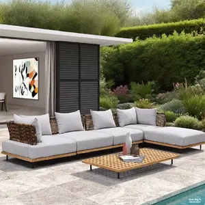 Ensemble de canapés d'extérieur modernes en bois massif et rotin imperméables avec finition en teck pour hôtels, cours, villas - Product Image 6