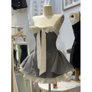 Chinese Style Color-blocking Spliced Bow Strapless High Waist <strong>PVC</strong> <strong>Dress</strong> New Summer Model Elegant Waist-cinching Slim-fit Short - Product Image 1