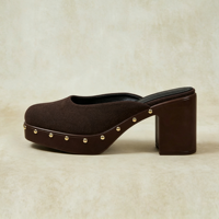 Chaussures Sabots Femme Marron en Faux Daim à Bout Carré, Ornées de Clous Dorés, à Plateforme et Talon Carré Épais, à Enfiler, Personnalisables