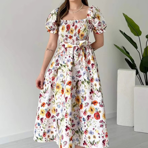 Robe florale pour femmes, coupe trapèze, manches bouffantes, tenue décontractée pour les vacances, mode - Product Image 4