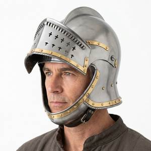 Casco cerrado de caballero CH Bergonet para jousting, con adornos de acero y latón, armadura metálica, grabado, pulido, hecho a mano, antiguo, coleccionable - Product Image 1