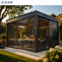 Pergola autoportante en aluminium pour bureau de jardin avec panneaux muraux en verre transparent et toit motorisé pour espace de travail à domicile ou patio