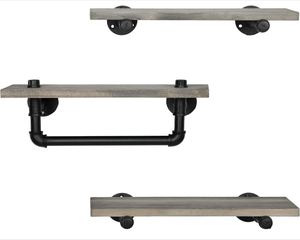 Estante de exhibición flotante de madera maciza gris montado en la pared y estante colgante de tubería industrial Estantería de baño decorativa <span class=keywords><strong>con</strong></span> toallero - Product Image 1