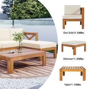 Ensemble de canapés modulaires 5 pièces en bois pour l'extérieur, design simple, confortable, avec coussins beiges, finition naturelle, pour jardins - Product Image 4