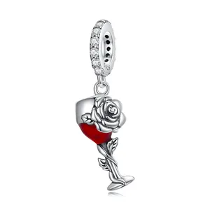 New Design 925 Sterling Silver Vintage Rose Red Wine Glass Pendant Charm Fit Bracelet Fashion Jewelry DIY Gift For Women SCC2355