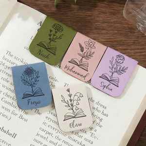<b>Magnetic</b> Bookmark with Birth Flower, Custom Name Vegan Leather Page Marker, Birthday Gift for Bookworm, <b>Book</b> Lovers - Product Image 1