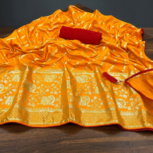 Indian Best Selling Classic Traditional <b>Saree</b> Dhola Silk Foil Print Elephant Design Exclusive Fancy Sari for Weddings Parties - Product Image 3