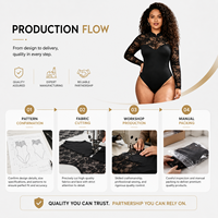 En gros, Body sculptant personnalisé pour femme, grande taille, en dentelle noire, manches longues, avec effet gainant en maille pour la taille et contrôle du ventre