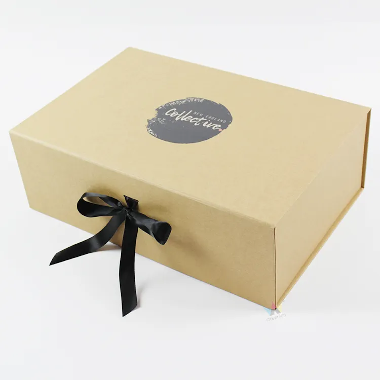 Embalaje marrón de lujo, cajas de bufandas de seda plegables, embalaje para el cuidado de la piel, embalaje de regalo, cajas de papel Kraft personalizadas para ropa con cinta