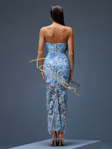 MF Bling Elegant tail Evening Ladys Clothing Sexy Off the Shoulder Sequin Mesh Floral Blue Long Casual Dresses - Product Image 3