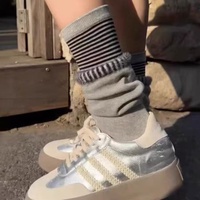Chaussettes mi-mollet pour femmes, à blocs de couleur, superposées, double couche, avec revers évasé, effet deux pièces, patchwork rayé